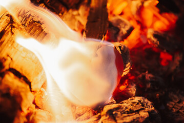 Small paper in shape of a heart burning in the bonfire. Concept of love, burn with emotions to someone