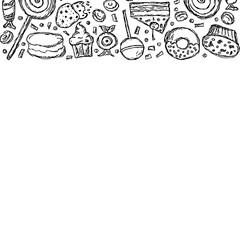 Drawn sweets background. Doodle food illustration with sweets and place for text