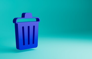 Blue Trash can icon isolated on blue background. Garbage bin sign. Recycle basket icon. Office trash icon. Minimalism concept. 3D render illustration