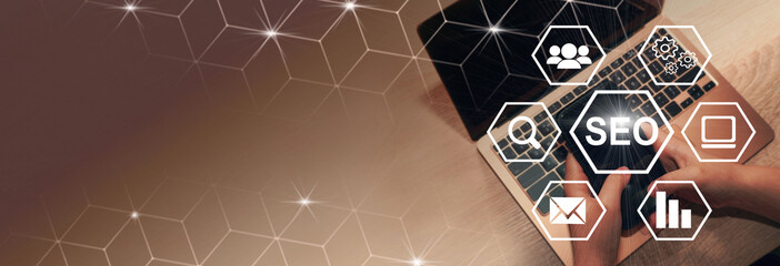   SEO Search Engine Optimization Marketing Technology concept background. Banner. Copy space.