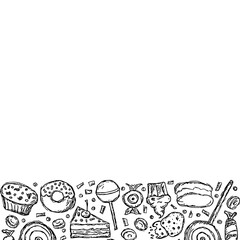 Obraz premium Drawn sweets background. Doodle food illustration with sweets and place for text
