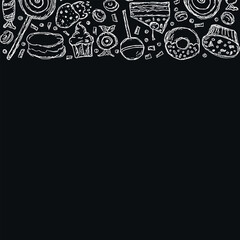 Drawn sweets background. Doodle food illustration with sweets and place for text