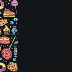 Drawn sweets background. Doodle food illustration with sweets and place for text