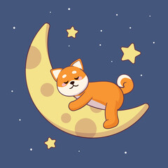 Cute cartoon shiba inu dog sleeping on the moon with stars