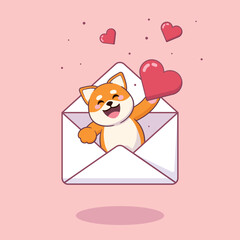Cute cartoon dog in a letter envelope holding a love heart