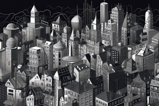 geometric line art of cityscape, with intricate details and shadows, created with generative ai