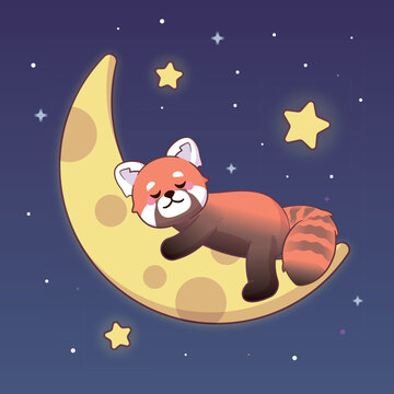 Cute cartoon red panda sleeping on the moon with stars