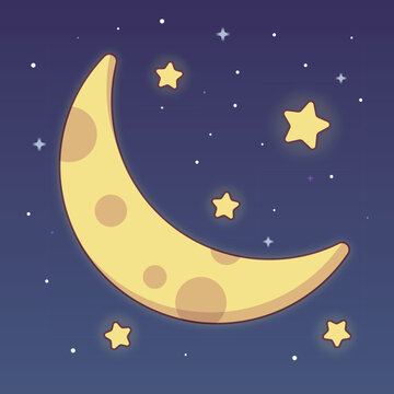 Cute cartoon moon with stars at night