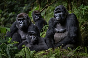 Obraz premium a family of gorillas in the rainforest, with mother and father protecting their young, created with generative ai