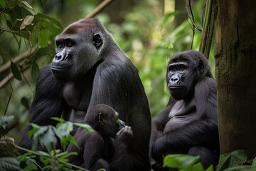 Obraz premium a family of gorillas in the rainforest, with mother and father protecting their young, created with generative ai