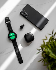 Smartwatch, earbuds and pone on marble table 