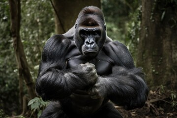 Fototapeta na wymiar gorilla with its hands on its hips, displaying its powerful muscles, created with generative ai