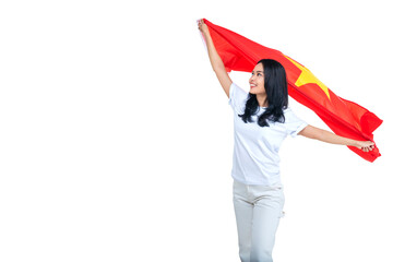 Asian women celebrate Vietnam independence day on 02 September by holding the Vietnam flag