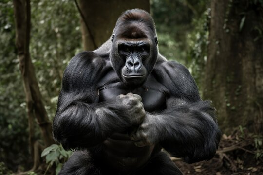 gorilla with its hands on its hips, displaying its powerful muscles, created with generative ai
