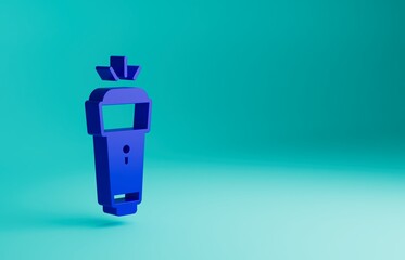 Blue Flashlight icon isolated on blue background. Minimalism concept. 3D render illustration