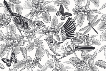Blossoming tree, Cute birds, butterflies and dragonfly. Seamless pattern. Vector. Vintage. - 605574875
