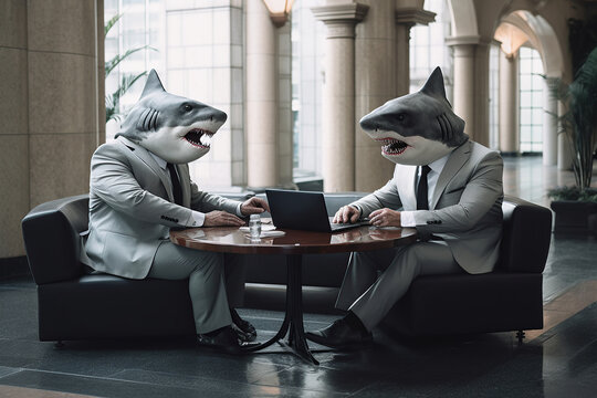 Image of two great white sharks in a business suits in a meeting at hotel loby, working on a laptop. Anthropomorphic concept.
