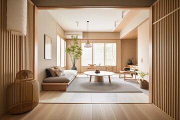 Naklejka na ściany i meble modern japanese style interior with sleek and minimalist furniture, natural materials, and pops of color, created with generative ai