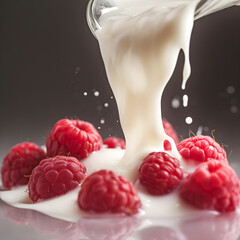 Splash yogurt with raspberry on white backgrounds. Generative AI. Illustration