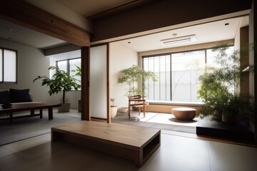 Fototapeta na wymiar modern japanese-style interior with minimalist, sleek design and natural elements, created with generative ai