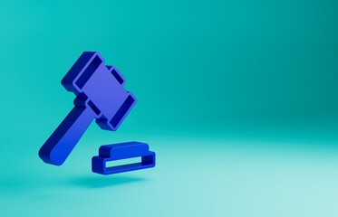 Blue Judge gavel icon isolated on blue background. Gavel for adjudication of sentences and bills, court, justice. Auction hammer. Minimalism concept. 3D render illustration