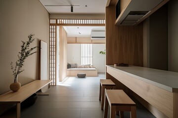 a minimalist japanese style interior with clean lines and natural materials, created with generative ai