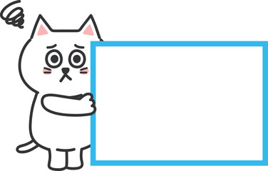White cartoon cat in trouble asking for help with a blank sign, vector illustration.