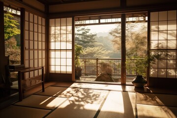 transparent shoji screen on a sunny day, bringing natural light into the room, created with generative ai