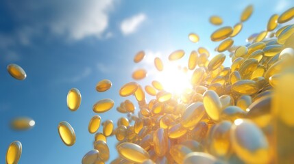 Transparent pills containing vitamin D, fish oil or omega 3, isolated against blue sky background. Created with generative AI technology.