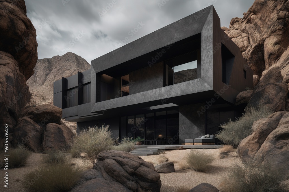 Poster a home in the middle of the desert that is encircled by rocks generative ai