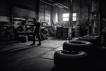 Car tires in a car repair shop. Auto service industry. Selective focus.