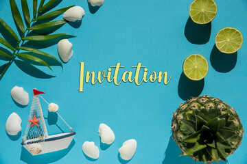 Turquoise Flat Lay, Boat, Shells, Pineapple, Text Invitation