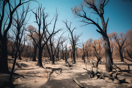A photo of a forest affected by drought, showcasing dry and withered trees, reflecting the harsh impact of climate change on forest ecosystems.