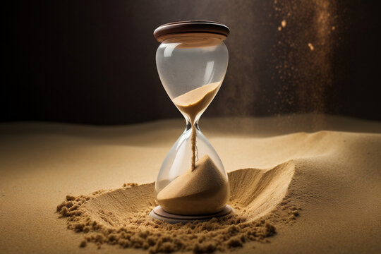 An illustration of an hourglass with sand turning into dry earth and cracked ground, symbolizing the urgency of addressing climate change and its destructive impacts.