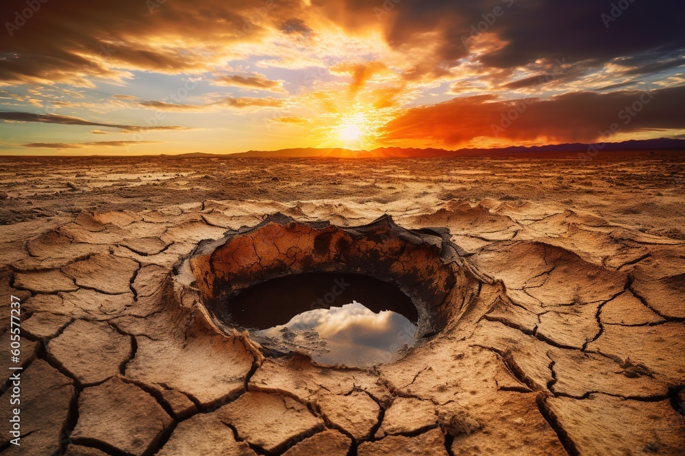 Poster a gaping hole in the earth with the setting sun as a backdrop generative ai