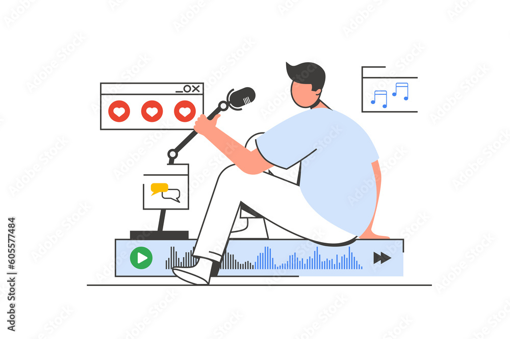 Poster podcast streaming outline web concept with character scene. man speaking in microphone, recording au