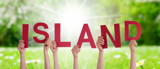 People Hands Building Word Island Means Iceland, Grass Meadow
