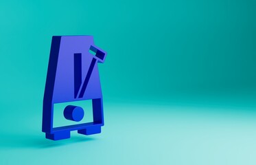 Blue Classic Metronome with pendulum in motion icon isolated on blue background. Equipment of music and beat mechanism. Minimalism concept. 3D render illustration