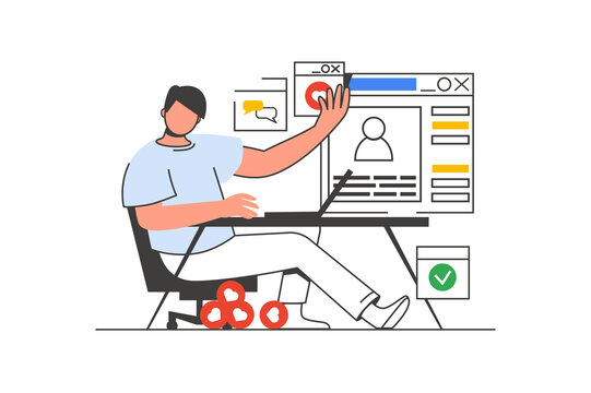 Social network outline web concept with character scene. Man browsing, likes photos in blog, comments. People situation in flat line design. Illustration for social media marketing material.