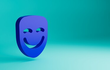 Blue Comedy theatrical mask icon isolated on blue background. Minimalism concept. 3D render illustration