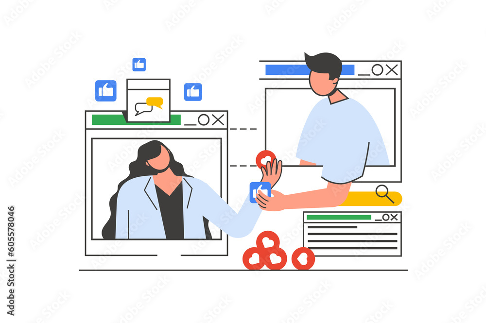 Wall mural video chatting outline web concept with character scene. woman and man connecting via video call scr