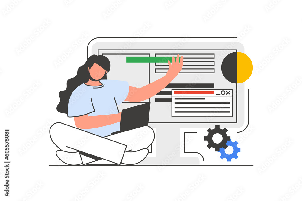 Poster Web design outline concept with character scene. Woman makes ui ux layouts for sites, create interface. People situation in flat line design. Illustration for social media marketing material.