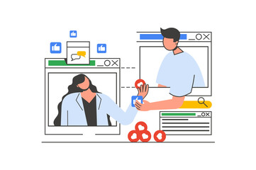 Video chatting outline web concept with character scene. Woman and man connecting via video call screens. People situation in flat line design. Illustration for social media marketing material.