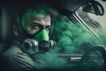 Driver wearing respirator or gas mask. Bad smell in the car. Concept of faulty air conditioners. Smelly gas blowing fron air vents ducts. generative AI. - obrazy, fototapety, plakaty
