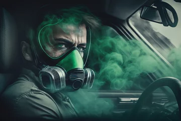 Foto op Canvas Driver wearing respirator or gas mask. Bad smell in the car. Concept of faulty air conditioners. Smelly gas blowing fron air vents ducts. generative AI. © Klemenso