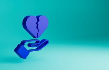 Blue Broken heart or divorce icon isolated on blue background. Love symbol. Valentines day. Minimalism concept. 3D render illustration