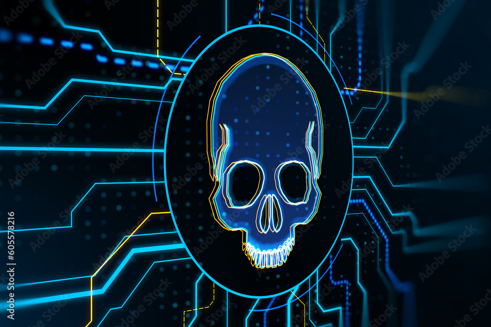Poster Abstract digital skull hologram on blurry texture. Hacking, malware and crime concept. 3D Rendering.