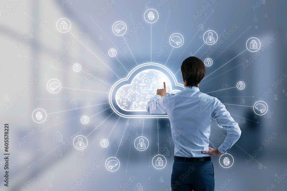 Poster back view of young european businessman using digital white cloud hologram with various icons on blu
