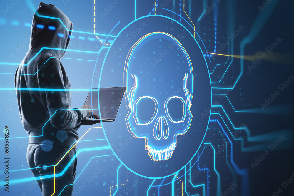 Poster Side view of hacker in hoodie using laptop with digital skull hologram on blurry background. Hacking, malware and crime concept. Double exposure.