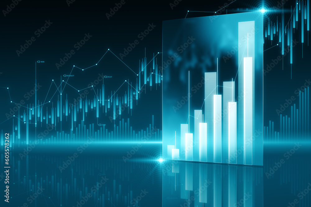 Poster investing and trading concept with growing up forex market candlestick and graphs on dark green back